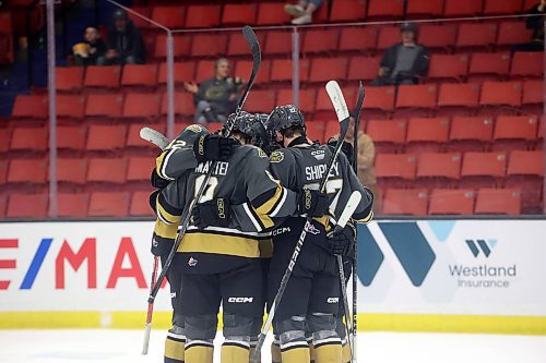 03042023
Brandon Wheat Kings players celebrate a goal during the second period of game four of first round playoff action against the Moose Jaw Warriors at Westoba Place on Wednesday evening. 
(Tim Smith/The Brandon Sun)
