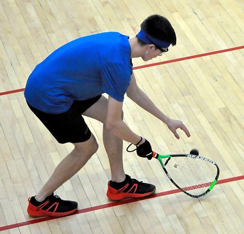 Reigning provincial racquetball player Leyton Gouldie is one of 25 entries in seven different divisions looking to win gold when Brandon plays host to the junior provincials this weekend at the Sportsplex. The finals in the U12 and U14 boys division — largest group of racquetball competitors — are scheduled for Sunday between 10 a.m. and noon. Stop by the Sportsplex is you want to watch. Here, he prepares to serve during last month's club tournament. (Jules Xavier/The Brandon Sun)
 