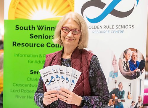 BROOK JONES / FREE PRESS
Geri Lowe volunteers on the board of directors at the South Winnipeg Seniors Resource Council. Lowe was pictured volunteering at the South Winnipeg Seniors Resource Council booth at a volunteer recruitment fair hosted by Volunteers Manitoba at the Viscount Gourt Hotel in Winnipeg, Man., Thursday, April 4, 2024.