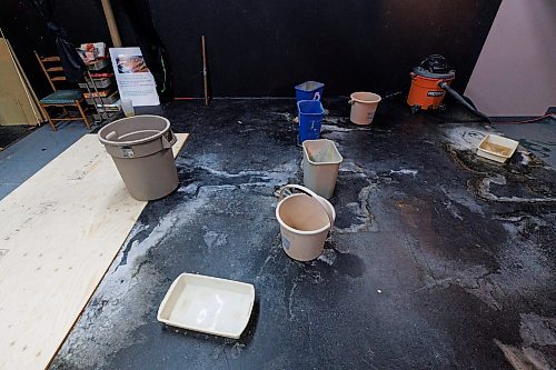 MIKE DEAL / FREE PRESS
The Tara Players - Irish Association of Manitoba in the theatre at 654 Erin Street where the water damage from the leaking roof is visible. Many buckets litter the stage along with dried sediment from that last series of leaks.
See Ben Waldman story
240405 - Friday, April 05, 2024.