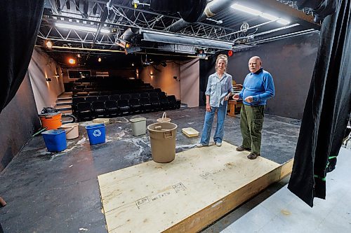 MIKE DEAL / FREE PRESS
Siobhan Keely (left) and Brendan Carruthers with the Tara Players - Irish Association of Manitoba in the theatre at 654 Erin Street where the water damage from the leaking roof is visible. Many buckets litter the stage along with dried sediment from that last series of leaks.
See Ben Waldman story
240405 - Friday, April 05, 2024.