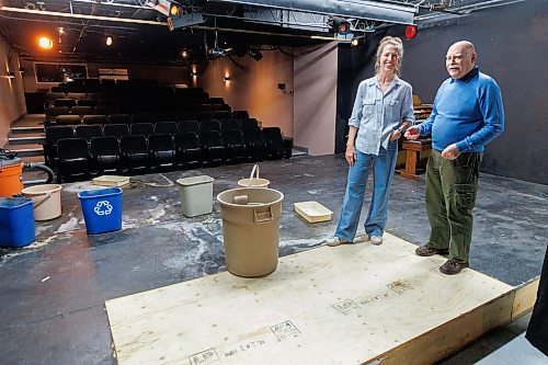 MIKE DEAL / FREE PRESS
Siobhan Keely (left) and Brendan Carruthers with the Tara Players - Irish Association of Manitoba in the theatre at 654 Erin Street where the water damage from the leaking roof is visible. Many buckets litter the stage along with dried sediment from that last series of leaks.
See Ben Waldman story
240405 - Friday, April 05, 2024.