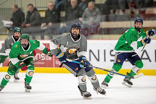 BROOK JONES / FREE PRESS
Western Hockey League draft prospect Prahb Bhathal (middle) competes in the 2024 Hockey Manitoba Male U16 Program of Excellence Spring Selection Camp at the Hockey For All Centre in Winnipeg, Man., Friday, April 5, 2024.
