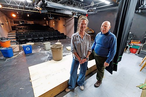 MIKE DEAL / FREE PRESS
Siobhan Keely (left) and Brendan Carruthers with the Tara Players - Irish Association of Manitoba in the theatre at 654 Erin Street where the water damage from the leaking roof is visible. Many buckets litter the stage along with dried sediment from that last series of leaks.
See Ben Waldman story
240405 - Friday, April 05, 2024.