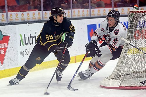16022024
Matteo Michels #88 of the Brandon Wheat Kings tries to keep the puck away from Reese Hamilton #9 of the Calgary Hitmen during WHL action at Westoba Place on Friday evening. (Tim Smith/The Brandon Sun)