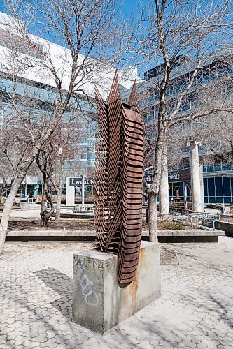 MIKE DEAL / FREE PRESS
Title: O-ween du muh waun. (We were told.)
Created by Rebecca Belmore and Osvaldo Yero in 2018.
Materials: oncrete and weathering steel
Located in Air Canada Park, 345 Portage Avenue.
See Alison Gillmor column
240409 - Tuesday, April 09, 2024.