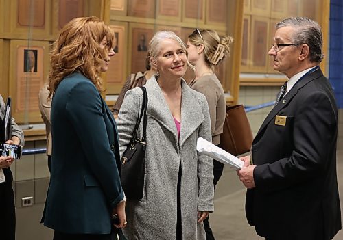 Shared Health CEO Lanette Siragusa (centre) and Treena Slate (left), CEO of Prairie Mountain Health, listen to Merv Starzyk, mayor of the Rural Municipality of Yellowhead, in Brandon on Wednesday at the Association of Manitoba Municipalities spring convention at the Keystone Centre. (Michele McDougall/The Brandon Sun) 