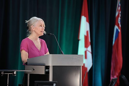 Lynette Siragusa, CEO of Shared Health, speaks to attendees at the 2024 Association of Manitoba Municipalities spring convention at the Keystone Centre in Brandon on Wednesday. (Tim Smith/The Brandon Sun)