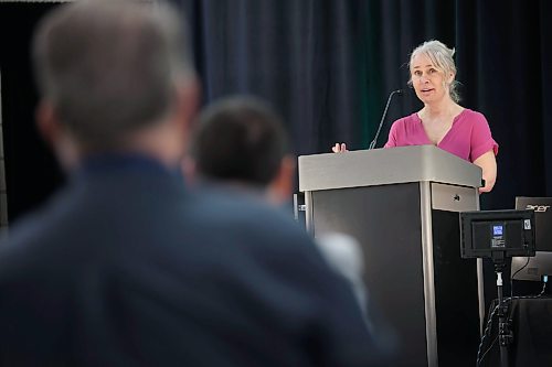 Lynette Siragusa, CEO of Shared Health, speaks to attendees at the 2024 Association of Manitoba Municipalities spring convention at the Keystone Centre on Wednesday. (Tim Smith/The Brandon Sun)