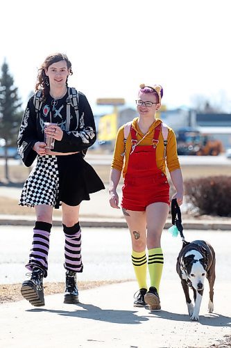 Shuvi Buhler and Alex Lovering walk Charger along 18th Street in Brandon’s south end on a sunny Tuesday. (Tim Smith/The Brandon Sun)