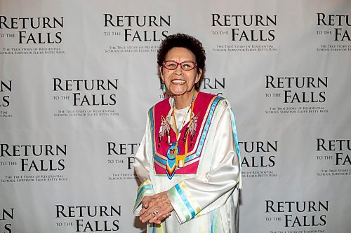 BROOK JONES / FREE PRESS
Elder Betty Ross at the red carpet gala during the screening of Return to the Falls, which is a docudrama following the life story of Ross, who is residential school survivor, at the Park Theatre in Winnipeg, Man., Wednesday, April 10, 2024. The red carpet gala was hosted by Cross Lake First Nation and Black Badge Studios.