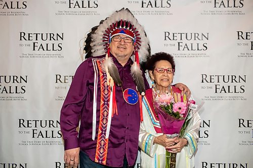 BROOK JONES / FREE PRESS
Elder Betty Ross (right) with Pimicikamak Cree Nation (Cross Lake) Chief David Monias at the red carpet gala during the screening of Return to the Falls, which is a docudrama following the life story of Ross, who is a residential school survivor, at the Park Theatre in Winnipeg, Man., Wednesday, April 10, 2024. The red carpet gala was hosted by Cross Lake First Nation and Black Badge Studios.