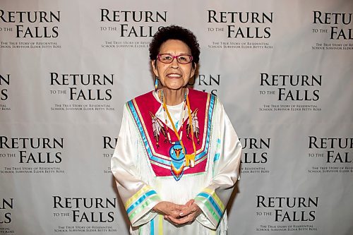 BROOK JONES / FREE PRESS
Elder Betty Ross at the red carpet gala during the screening of Return to the Falls, which is a docudrama following the life story of Ross, who is a residential school survivor, at the Park Theatre in Winnipeg, Man., Wednesday, April 10, 2024. The red carpet gala was hosted by Cross Lake First Nation and Black Badge Studios.