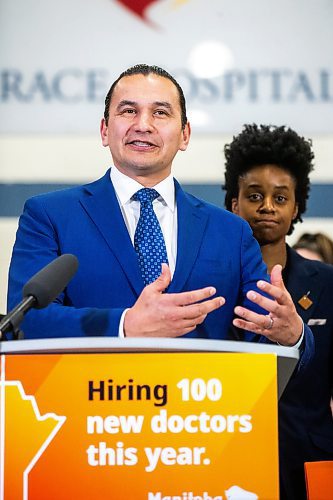 MIKAELA MACKENZIE / FREE PRESS
	
	
Premier Wab Kinew speaks at a press conference announcing a plan to hire 100 more doctors this year on Thursday, April 11, 2024.

For Katie story.