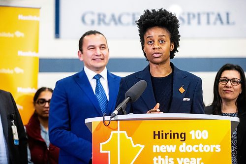 MIKAELA MACKENZIE / FREE PRESS
	
	
Health minister Uzoma Asagwara speaks at a press conference announcing a plan to hire 100 more doctors this year on Thursday, April 11, 2024.

For Katie story.