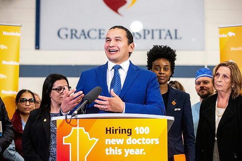 MIKAELA MACKENZIE / FREE PRESS
	
	
Premier Wab Kinew speaks at a press conference announcing a plan to hire 100 more doctors this year on Thursday, April 11, 2024.

For Katie story.