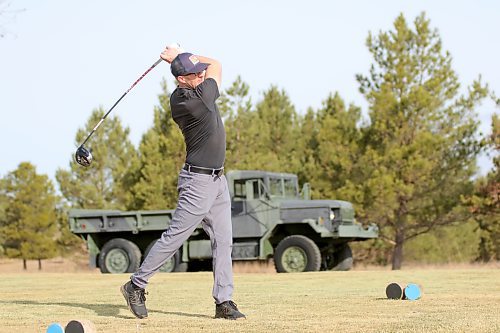 Dayne Douglas rips a drive on the fourth hole Friday morning at Shilo Country Club. He hit the first tee shot of Westman's 2024 golf season during his visit to CFB Shilo. (Photos by Thomas Friesen/The Brandon Sun)