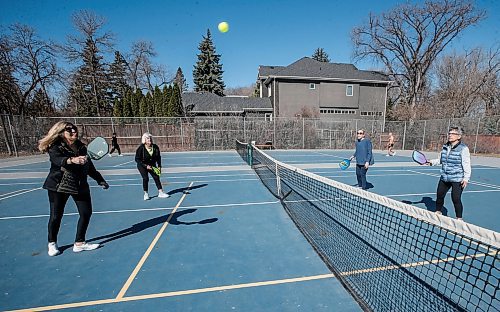 JOHN WOODS / FREE PRESS
From left, Sandy Rosenberg, Sharon Berkowitz, Libby Broder and Judy Doctoroff take advantage of the spring weather by playing some pickle ball at the public courts on Wellington Crescent Sunday, April 14, 2024. 

Reporter: standup
