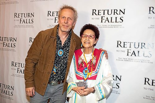BROOK JONES / FREE PRESS
Elder Betty Ross (right) with Black Badge Studios Director and Executive producer Eppo Eerkes at the red carpet gala during the screening of Return to the Falls, which is a docudrama following the life story of Ross, who is a residential school survivor, at the Park Theatre in Winnipeg, Man., Wednesday, April 10, 2024. The red carpet gala was hosted by Cross Lake First Nation and Black Badge Studios.