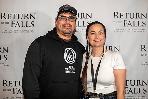 BROOK JONES / FREE PRESS
Holly Courchene (right), who is the CEO of Indigenous Tourism Manitoba, with her partner Desmond Mckay at the red carpet gala during the screening of Return to the Falls, which is a docudrama following the life story of residential school survivor Elder Betty, Ross at the Park Theatre in Winnipeg, Man., Wednesday, April 10, 2024. The red carpet gala was hosted by Cross Lake First Nation and Black Badge Studios.