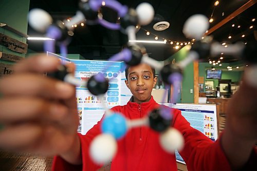 15042024
Aberehan Moges, a grade seven student at Christian Heritage School, with his science fair project Mood Foods; A Comprehensive Study Investigating the Impact of Nutrient-Rich Snacks on Cognitive Performance, Productivity and Mental Well-Being. (Tim Smith/The Brandon Sun)