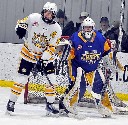 Colten Worthington (18) of the Brandon Wheat Kings screens Yellowhead Chiefs goaltender Kieran Madill during a January Manitoba U18 AAA Hockey League game held at J&G Homes Arena. (Photos by Jules Xavier/The Brandon Sun)