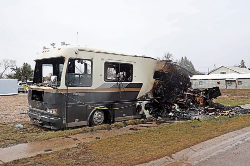16042024
The burned-out wreckage of a recreational vehicle has been an eyesore along Assiniboine Avenue in Brandon for months, with debris spilling onto a public sidewalk. 
(Tim Smith/The Brandon Sun)
