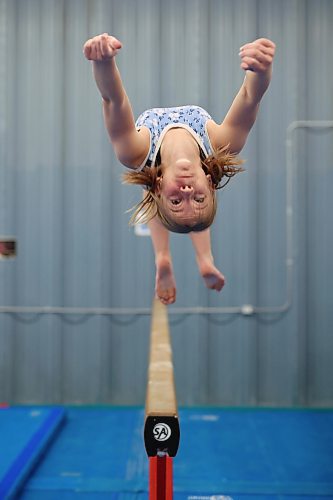 11042024
Gymnast Jessie Litviniuk flips through the air while training at the Brandon Eagles Gymnastics Centre on Thursday, April 11. 
(Tim Smith/The Brandon Sun)
