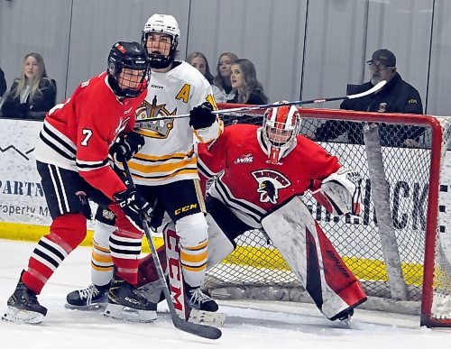 In 40 regular season goals playing in the Manitoba U18 AAA Hockey League during the 2023-24 regular season, forward Colten Worthington finished fifth in team scoring with 27 goals and 62 points. During nine playoff games, he scored eight goals and added six assists. Here, Worthington attempted to screen Pembina Valley Hawks goaltender Bryson Yaschyshyn while being defended by Hawks D-man Jayden Penner. (Jules Xavier/The Brandon Sun)