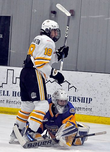 In 40 regular season games playing in the Manitoba U18 AAA Hockey League during the 2023-24 regular season, forward Colten Worthington finished fifth in team scoring with 27 goals and 62 points. During nine playoff games, he scored eight goals and added six assists. Here, Worthington stands over Yellowhead Chiefs goalie Kieran Madill. (Jules Xavier/The Brandon Sun)