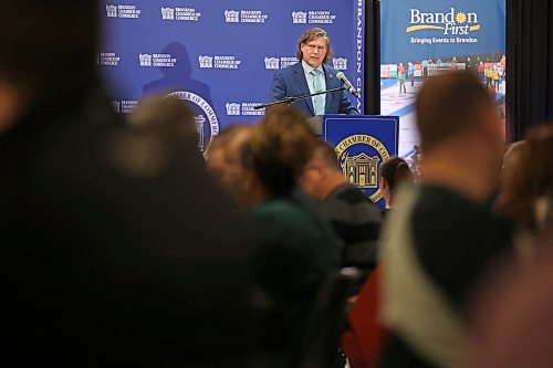 18042024
Brandon Mayor Jeff Fawcett delivers the State of the City address during the Brandon Chamber of Commerce luncheon at the Keystone Centre&#x2019;s UCT Pavilion on Thursday. 
(Tim Smith/The Brandon Sun)