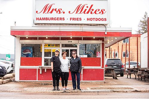 MIKAELA MACKENZIE / FREE PRESS

Mrs. Mikes operators Christina (left), Cathy, and Yvonne Mikos in front of the newly re-opened burger joint in St. Boniface on Thursday, April 18, 2024. 

For Gabby story.