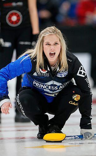 JOHN WOODS / WINNIPEG FREE PRESS
Skip Jennifer Jones calls out to her sweepers as they play skip Meghan Walter and team Ackland in the Scotties Tournament of Hearts at East St Paul Arena Sunday, January 29, 2023. Jennifer Jones defeated skip Meghan Walter and team Ackland and will represent Manitoba.

Re: sawatzki