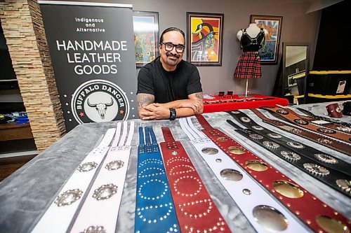 MIKAELA MACKENZIE / FREE PRESS

Cecil Sveinson of Buffalo Dancer Designs with his leather goods on Tuesday, April 16, 2024. Sveinson makes ceremonial belts for powwow dancers and other leather goods.

For AV story.