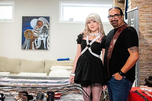 MIKAELA MACKENZIE / FREE PRESS

Cecil Sveinson, who makes leather goods, and his daughter, Shilo (17), on Tuesday, April 16, 2024. Shilo, who is into punk and goth, has started designing a line with him which caters to the Indigenous alternative community. 

For AV story.