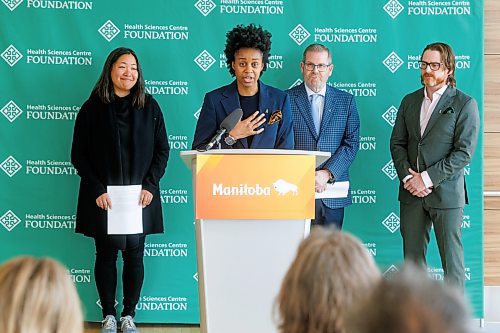 Health Minister Uzoma Asagwara announces that a record number of Manitobans donated and received kidneys last year during a news conference at Health Sciences Centre in Winnipeg on Monday. Pictured are Adult Kidney Transplant Program medical director Dr. Julie Ho (from left), Asagwara, HSC Foundation president and CEO Jonathon Lyon and Dr. Owen Mooney, medical director of the Gift of Life Program. (Mike Deal, Winnipeg Free Press)