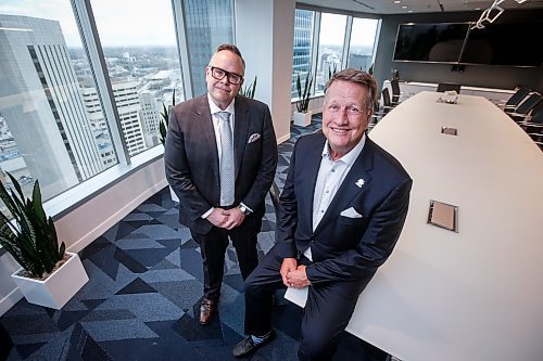 JOHN WOODS / FREE PRESS
Wellington-Altus Financial executives Charlie Spiring, executive chairman, right, and Shaun Hauser, CEO, are photographed in their Portage Ave headquarters in Winnipeg Monday, April 22, 2024. 

Reporter: martin