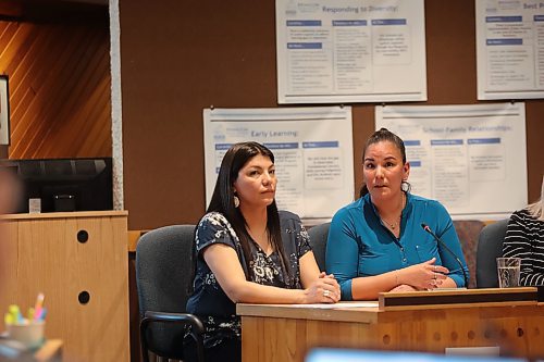 Jordan’s Principle co-ordinator Sheryl Playford (right) and program representative Hazel Laliberty-Moose explain the program's pivotal role in assisting families to the board on Monday evening. (Abiola Odutola/The Brandon Sun) 