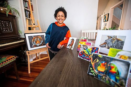 MIKAELA MACKENZIE / FREE PRESS

Callan Thompson, an 11-year-old Grade 5 student responsible for Callan's Art (a year-old biz marketing Callan's artwork as greeting cards and prints), with his wares at home on Friday, April 19, 2024. 

For intersection story.