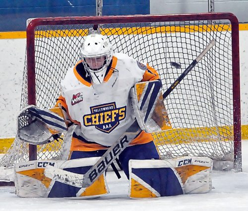 As a rookie with the Yellowhead Chiefs playing in the Manitoba U18 AAA Hockey League, Brandonite goalie Kieran Madill played 29 games, recording a 10-15-1 record, along with a .895 saves percentage and 3.75 goals against average. His play at the Yorkton Terrier's spring Saskatchewan Junior Hockey League camp earned him an invite to the main camp in early September. (Jules Xavier/The Brandon Sun)
