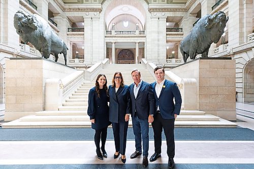 MIKE DEAL / FREE PRESS
Former premier Heather Stefanson with her family; (from left) daughter, Victoria, husband, Jason, and son Tommy, announced in the legislature Thursday that she is resigning her Tuxedo seat.
240425 - Thursday, April 25, 2024.
