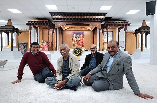 Ruth Bonneville / Free Press

ENT - Hindu Temple renos

Photo of some the prominent people involved with the Hindu Society of Manitoba and the renovations.  
From left to right
- Kirit Thakrar, President of the Hindu Society of Manitoba  and renovation committee member (Maroon sweater)
- Dr. Rao Atmuri Chair, renovations Committee 
(Beige jacket)
- Prem Sanggar - Renovations Committee member (black jacket)
- Surinder Goyal - Reno Committee member (grey jacket)


Story on the renovations of the Hindu Temple &amp; Cultural Centre (Hindu Society of Manitoba), located at 854 Ellice Avenue.

Writer Romona Goomansingh 

April 24th,  2024
