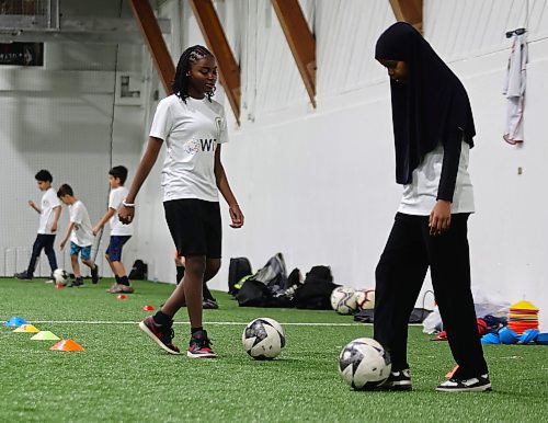 A free introduction to soccer event was held Sunday at the indoor fieldhouse at the Wheat City golf course for kids aged 10 to 14 years old, hosted by Brandon United Football Cooperative, with support from Westman Immigrant Services. (Michele McDougall/The Brandon Sun)