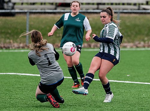 JOHN WOODS / FREE PRESS
St. Boniface Diocesan Centurions Julie Kutcher (1) saves the shot from Linden Christian Wings Brooklyn Colosimo (6) during first half action in the season opening exhibition varsity game at Ralph Cantafio Soccer Complex Monday, April 29, 2024. 

Reporter: ?