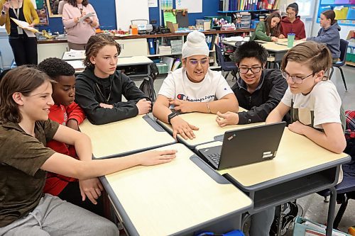 Linden Lanes School Grade 8 students Grady Sumner, Daniel Jackson, Colsyn Comis, Amitoz Sidhu, Zixian Zhen and Dexter Freeman recently won an award in the Prairie Mountain Health Project Reset Initiative, which encourages healthy screen habits, digital safety and digital literacy. (Tim Smith/The Brandon Sun)
