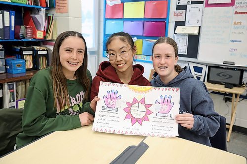 Linden Lanes School Grade 8 students Jaycee Halliday, Gigi Ma and Layne McBride with their poster that won an award in the Prairie Mountain Health Project Reset Initiative, which encourages healthy screen habits, digital safety and digital literacy. (Tim Smith/The Brandon Sun)
