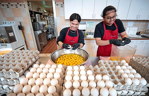 Ruth Bonneville / Free Press

Standup Egg Crackers

Jan Ligan (left) and his workmate, Zach Valeza (glasses), have their work cut out for them each Monday as they crack almost 1500 eggs that are the staple item for many of their sponge cakes and pastry items they prepare for the week.  During special holiday periods, like Easter and upcoming Mother's Day, they will crack 3 times the amount of eggs, so up to 4,500 eggs in preparation for their bakers.  

When the photographer asked Jan what his title was he responded, "Egg Cracker!  That'll be my new title" he jokingly replied while laughing with his co-worker Zach.  


April 29th,  2024
