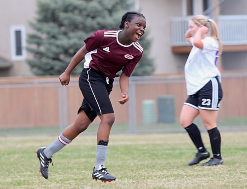 Mary Akinbode celebrates her first goal for the Crocus Plainsmen in a 2-1 win over the Vincent Massey Vikings in Brandon High School Soccer League varsity girls' action at Massey on Tuesday. (Thomas Friesen/The Brandon Sun)