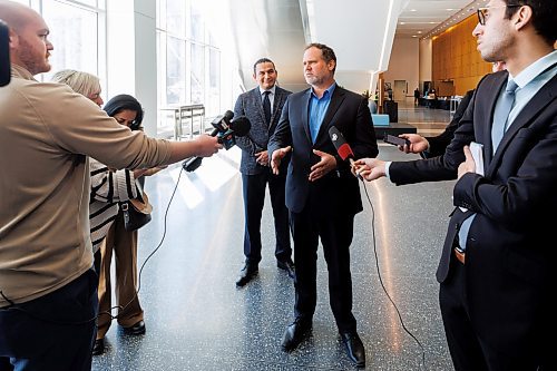 MIKE DEAL / FREE PRESS
Premier Wab Kinew and Justice Minister Matt Wiebe speak to the media after the opening remarks of Public Safety Summit taking place at the RBC Convention Centre.
240430 - Tuesday, April 30, 2024.