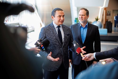 MIKE DEAL / FREE PRESS
Premier Wab Kinew and Justice Minister Matt Wiebe speak to the media after the opening remarks of Public Safety Summit taking place at the RBC Convention Centre.
240430 - Tuesday, April 30, 2024.